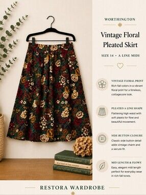Vintage Worthington Floral Pleated Midi Skirt Size 14 Rayon Made USA